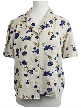 Vintage Jessica Linen-blend Cream Blue Floral Button Down Blouse Short Sleeve